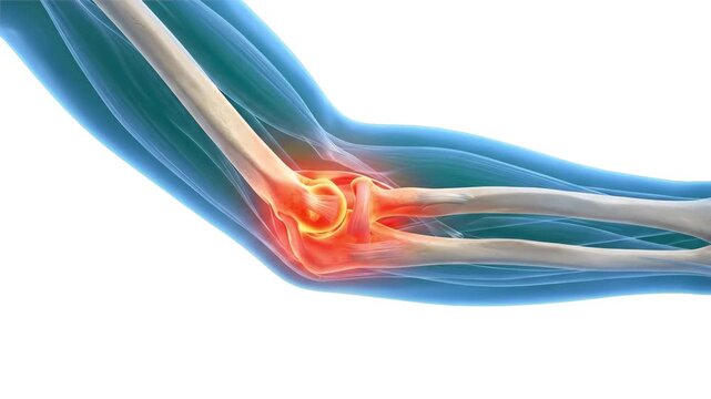 A clean 3D medical graphic of a human elbow joint with a bright red glowing circle accentuating arm muscle strain, tendonitis, or joint inflammation. This high-density static asset is beautifully opti