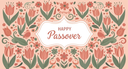 Happy Passover floral border, tulips and small flowers, spring greeting card. © khafid