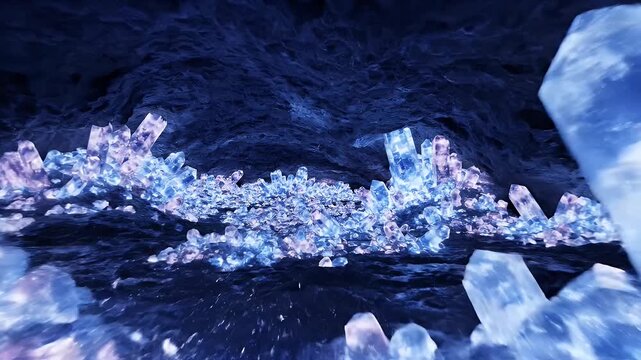 Giant glowing crystal formations inside a dark cavern