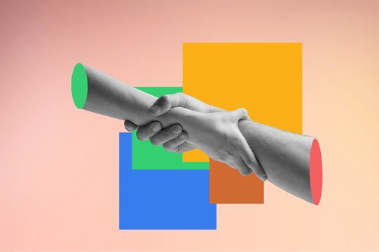 Creative collage human hands handshake