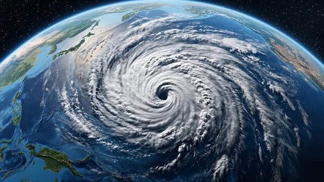 A satellite space view of a giant spinning hurricane tracking over the Pacific Ocean. This 3D render represents extreme weather systems fueled by the record-breaking 2026 marine heatwaves and the emer