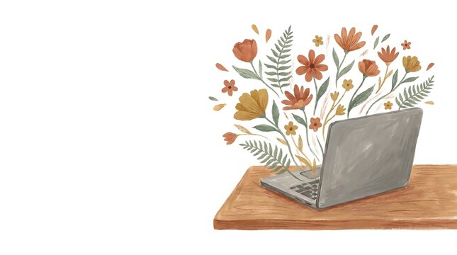 Closed laptop transforming into blooming flowers.