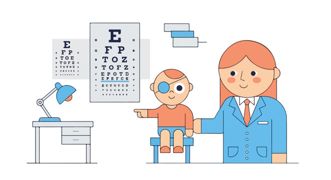 A friendly female ophthalmologist examines a young boy wearing an eye patch during a vision test with Snellen charts in a bright clinic.