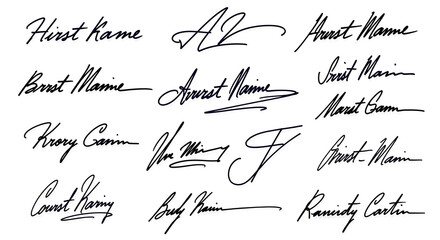 Naklejka premium Collection of various cursive signatures on paper.