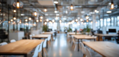 Fototapeta premium Blurred Open Plan Modern Office Interior With Rows Of White Chairs And Natural Light Streaming Through Large Windows Creating A Welcoming Atmosphere