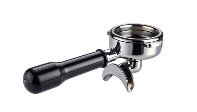 Professional stainless steel espresso machine portafilter with a sleek black ergonomic handle&nbsp;&nbsp;