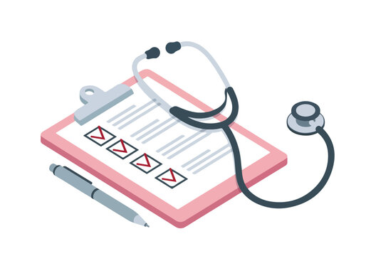 Medical Clipboard and Stethoscope. Healthcare Checklist. Isometric Vector. Clean Digital. Icon.