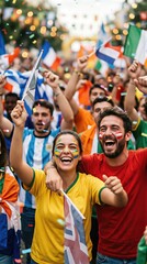 Naklejka premium Happy woman and man cheering at football championship. Crowd of sports fan celebrating victory with flags and confetti. Excitement, joy and competitive spirit of stadium match crowd.