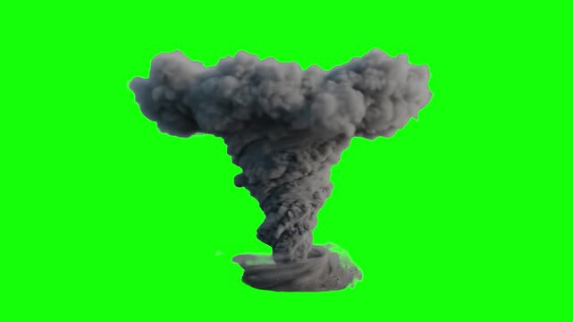 A detailed 3D simulation of a violent dark grey tornado funnel cloud spinning intensely against a chroma key green background. Excellent for severe weather updates, natural disaster documentaries, and