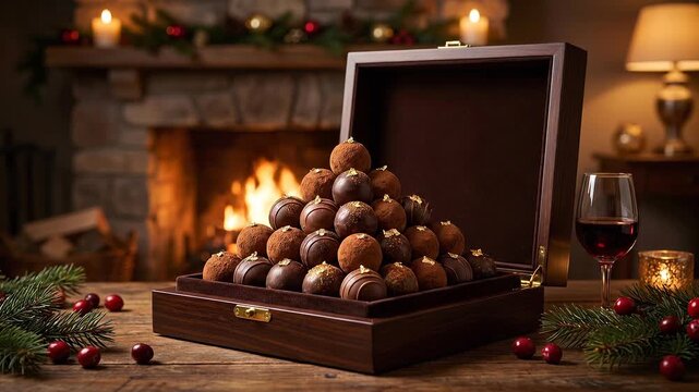 Gourmet Chocolate Truffle Collection in Open Luxury Box with Fireplace Background and Elegant Holiday Atmosphere