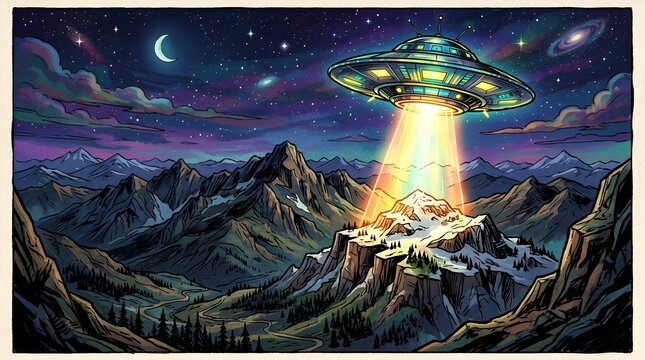 UFO hovering over snowy mountains, beaming light, starry night sky, retro comic style