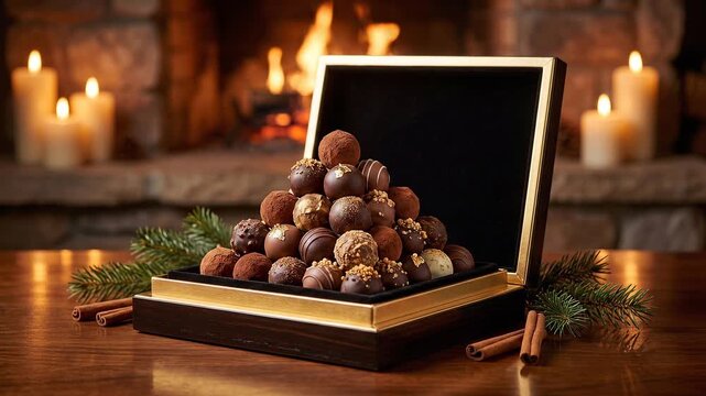 Premium Chocolate Truffle Pyramid Display in Elegant Gift Box with Warm Luxury Background and Gourmet Presentation