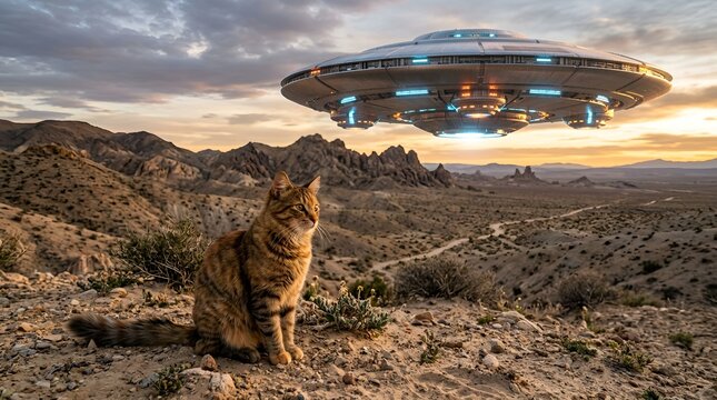Cat watches UFO hovering over desert landscape at sunset, alien encounter concept