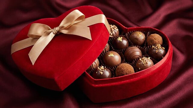 Heart Shaped Chocolate Truffle Gift Box with Red Velvet Packaging for Romantic Celebration and Luxury Dessert