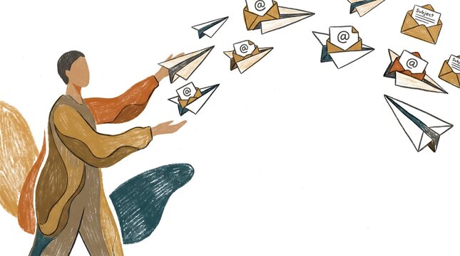Faceless person releasing paper airplanes made from emails.