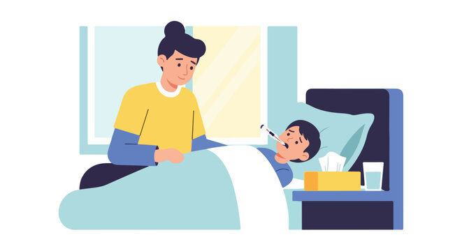 A mother is caring for her sick child, who is lying in bed with a thermometer in his mouth, with tissues and water nearby.