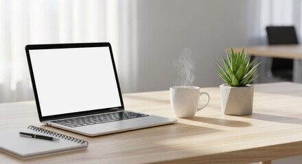 Fototapeta premium A laptop with a blank screen, a cup of coffee, and a potted plant on a wooden desk in a well-lit office with natural light streaming in through the window.
