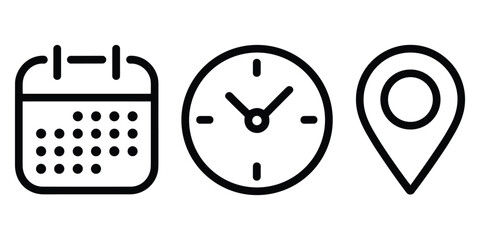 Fototapeta premium Calendar, clock, and location pin outline icons set, for web and mobile, modern minimalistic flat design