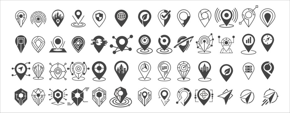 Collection of modern location pin icons featuring GPS markers, navigation symbols, and map pointers. Ideal for UI design, mobile apps, web interfaces, and infographics.