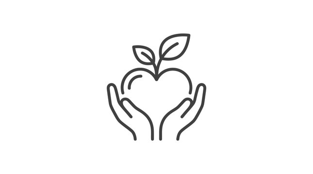 Hands cradling a heart shaped apple with sprouting leaves.