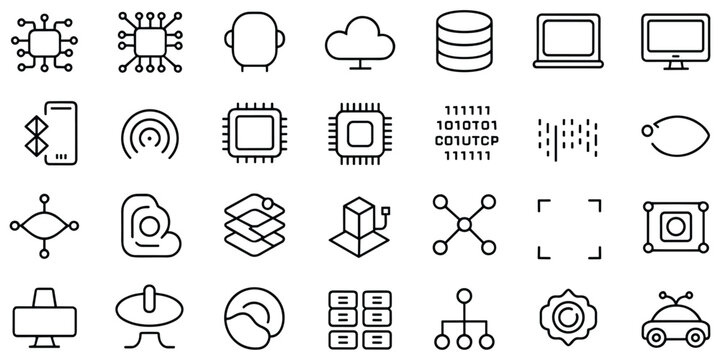 Set of data and technology icons, such as cpu, server, cloud, network, computer, database