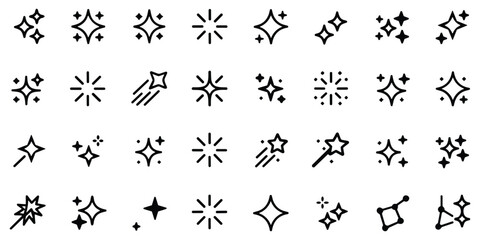 Sparkling star icons and magic twinkle shapes set on transparent background for decorative effects © MdOmar