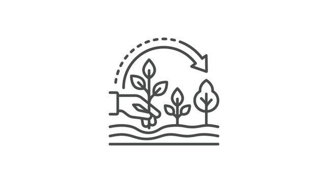 Hand planting tree sapling with circular growth arrow.