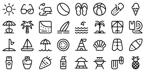 Summer vacation and beach activities line icons set for travel agencies and tropical holiday theme © MdOmar