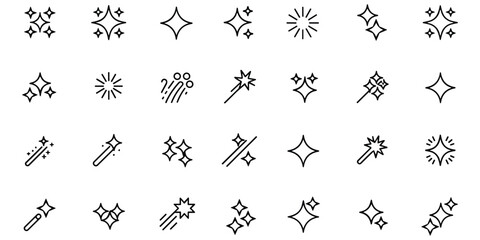 Set of sparkle icons vector, shiny twinkle stars, magic light flashes, line art elements © MdOmar