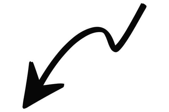 Black hand drawn doodle style downward arrow with wavy line isolated on transparent background