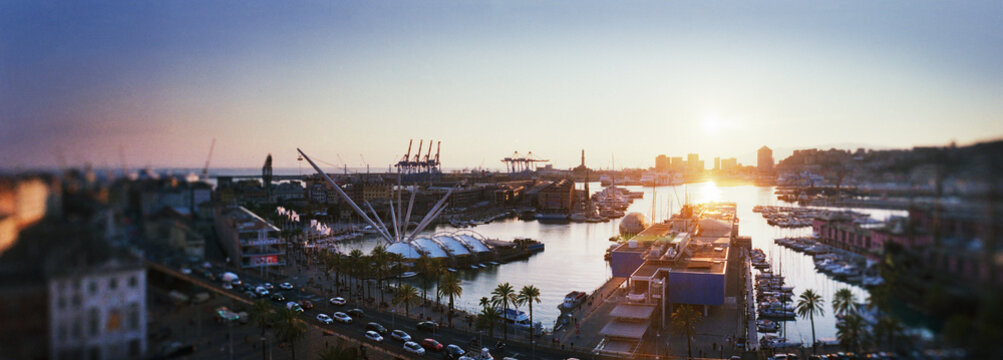 Panoramic view of Porto Antico (Old Port) at sunset in Genoa, Italy, Europe
