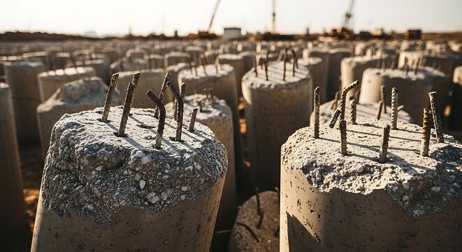 Construction site with concrete pillars.