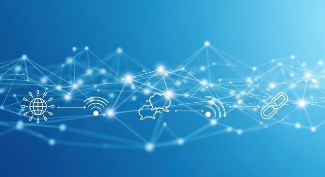A blue and white abstract digital network with a blue background and a white line pattern.