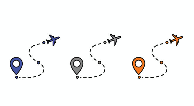 Sequence of three airplane icons with dotted flight paths and location markers in different colors representing travel