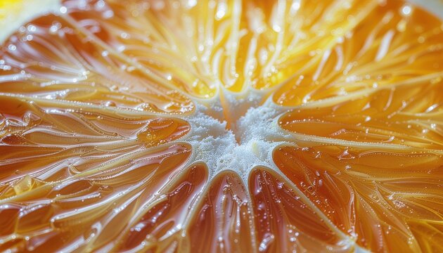 Macro Closeup of a Fresh Citrus Orange Slice with Translucent Juice Sacs