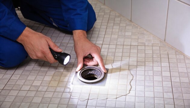 A plumber wearing a blue uniform uses a flashlight to inspect a clogged and leaking floor shower drain.