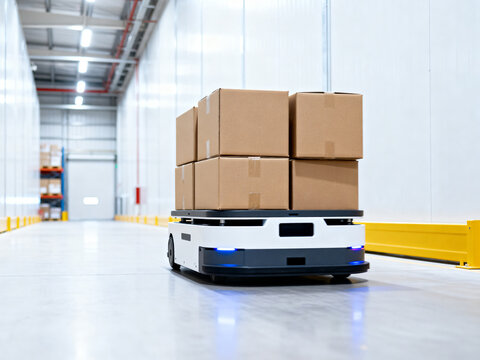 An autonomous mobile robot carrying stacks of cardboard boxes through a modern storage facility.