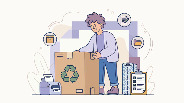 A person packing a recycling box while preparing shipment with office supplies and documents