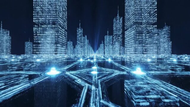 Futuristic Digital Cityscape with Binary Code and Glowing Data Streams.