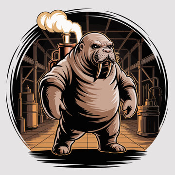 Cartoon walrus in industrial setting standing.