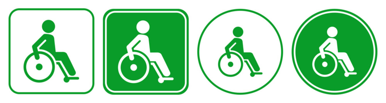 Wheelchair accessibility badge icon set in green, rounded square and circle styles, outlined and filled, disability support symbol