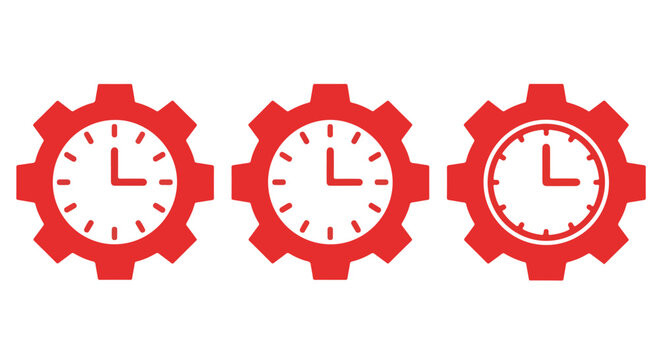 Set of three red gear-shaped clocks showing different times symbolizing time management and productivity
