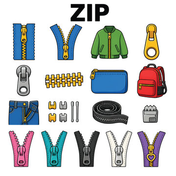 Zip Line Art Icon Set Collection &ndash; Minimal Outline Zipper Fastener Vector Symbols