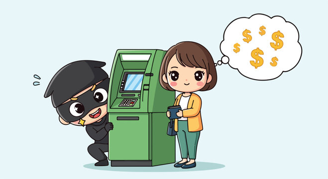 Cartoon illustration of a thief stealing money from an ATM machine while a woman withdraws cash nearby