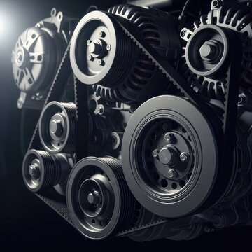 Close up of a powerful industrial engine machine with belts and pulleys