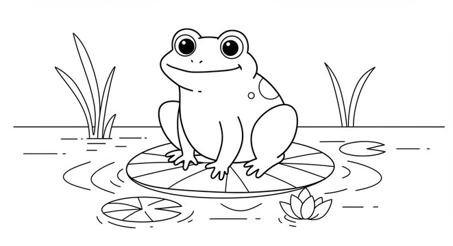 Cheerful cartoon frog illustration sitting happily on a water lily pad in a tranquil pond black and white line art. AI Generated