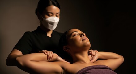 Obraz premium A cinematic and highly detailed stock photo of a massage therapist wearing a protective mask providing therapeutic care to a relaxed woman