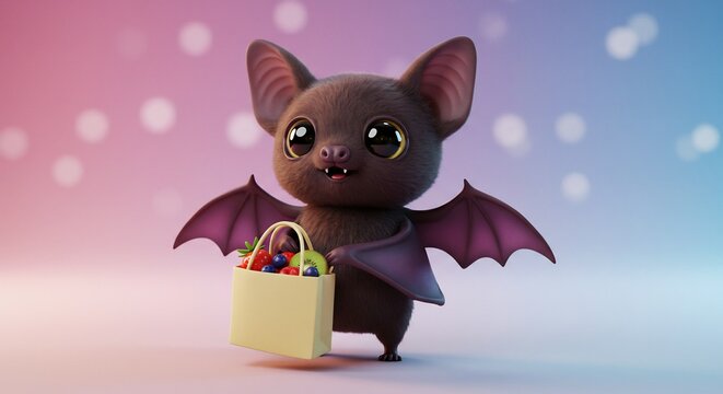 Adorable 3D animated bat character with big sparkly eyes happily carrying a small grocery bag filled with fresh colorful fruit. AI Generated