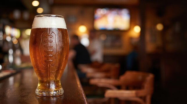 Glass of beer with football texture on pub counter. Cold lager beverage served during championship match. Sports fan leisure concept in bar with television screen in background.