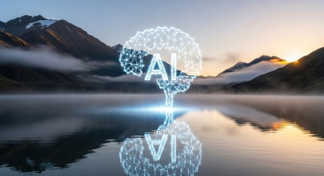 Digital Brain Symbol Over Misty Mountain Lake During Sunrise Representing Artificial Intelligence Advancements and Modern Future Innovation